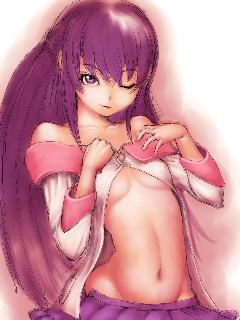 ;d bangs bare_shoulders battle_spirits battle_spirits:_brave breasts fumio_(rsqkr) groin hands_on_own_chest long_hair looking_at_viewer lowleg midriff naughty_face navel no_bra no_panties off_shoulder one_eye_closed open_clothes open_mouth open_shirt pleated_skirt purple_eyes purple_hair shinomiya_mai shirt sidelocks sketch skirt small_breasts smile solo underboob upper_body very_long_hair wide_hips