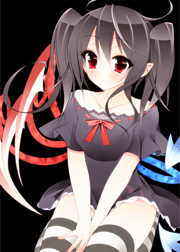 adapted_costume alternate_hairstyle asymmetrical_wings bad_id bad_pixiv_id bare_shoulders black_hair dress houjuu_nue long_hair pointy_ears red_eyes seiza sitting smile solo striped striped_legwear suzume_miku thighhighs touhou twintails v_arms wings