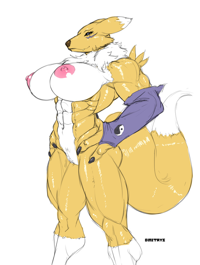 anthro big_breasts blue_eyes breasts canine claws digimon dmitrys female fox fur furry gloves hands_on_hips mammal markings muscle muscles muscular_female neck_ruff nipples nude plain_background pose pussy renamon sketch smile solo white_background yellow_fur