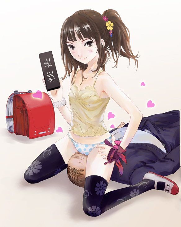 1girl age_difference backpack bag brown_eyes brown_hair camisole erection erection_under_clothes femdom flower formal girl_on_top hair_flower hair_ornament heart no_pants old_man original panties polka_dot polka_dot_panties randoseru shida_(ddfd) shoes side_ponytail sitting sitting_on_face sitting_on_person suit thighhighs translated underwear uwabaki