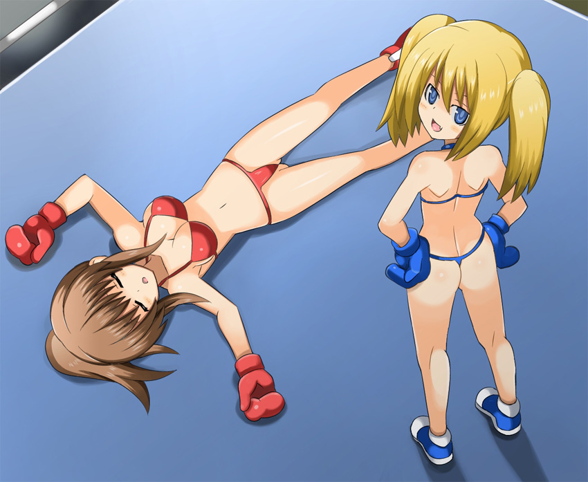 2girls ass bikini blonde_hair blue_eyes boxing boxing_gloves breasts brown_hair cleavage defeated fang large_breasts multiple_girls ponytail shamanwer swimsuit thong twintails unconscious
