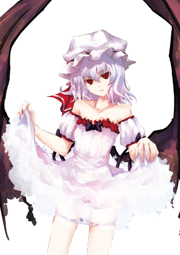 alternate_costume asagi_(kabocha_oukoku) bad_id bad_pixiv_id bare_shoulders bat_wings dress dress_lift hat panties panty_pull purple_eyes red_eyes remilia_scarlet short_hair solo touhou underwear wings