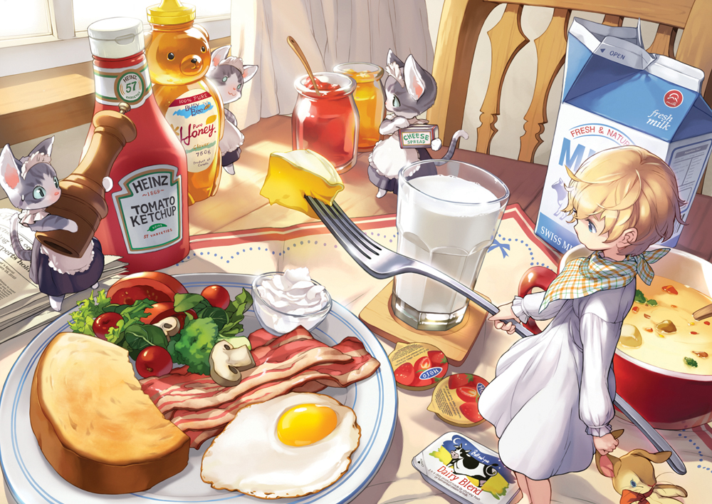 :3 animal bacon blonde_hair blue_eyes bowl breakfast butter cat chair cheese clothed_animal coaster comet_(teamon) crossdressing cup curtains dress drinking_glass egg feast food fork from_side furry glass holding holding_fork holding_stuffed_animal honey indoors jam jar ketchup lettuce long_sleeves looking_away lunch maid maid_headdress milk milk_carton miniboy mushroom neckerchief on_table original pepper_shaker plate product_placement salad soup stuffed_animal stuffed_toy sunny_side_up_egg table toast tomato white_dress window