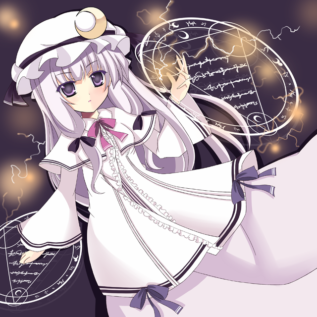 bow capelet crescent electricity hair_bow hat lavender_hair lefty_2628 long_hair magic_circle patchouli_knowledge purple_eyes solo touhou