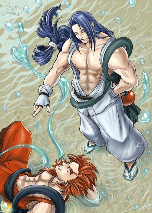 2boys blue_hair fight fighting kazama_kazuki kazama_sougetsu long_hair male male_focus multiple_boys red_hair samurai_spirits snk water