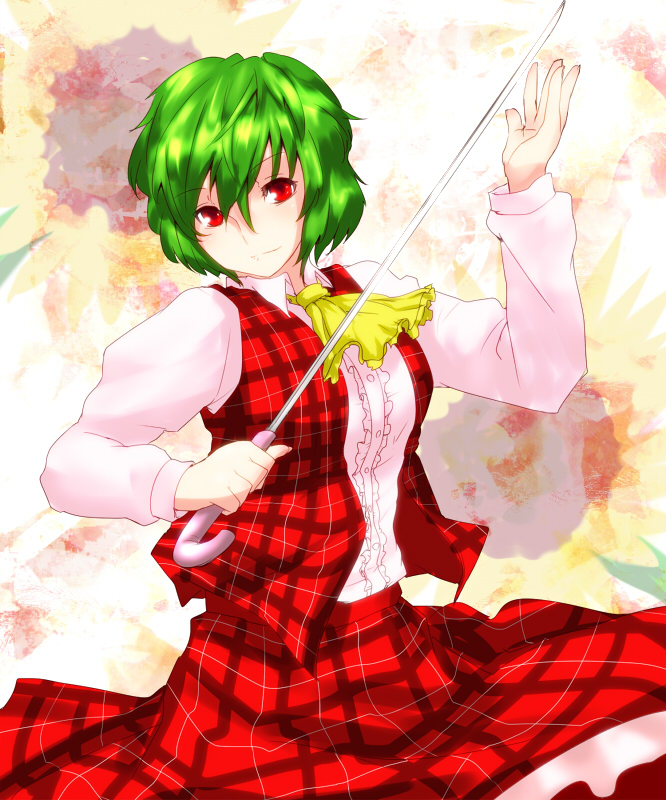 ascot green_hair kazami_yuuka plaid plaid_skirt plaid_vest red_eyes short_hair skirt skirt_set smile solo soubi sword touhou umbrella vest weapon