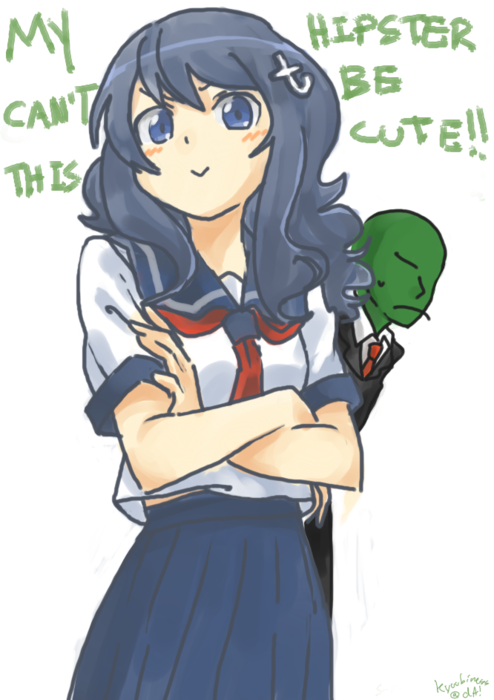 1girl 4chan :&gt; anonymous artist_name blue_eyes blue_hair blush_stickers can't_be_this_cute crossed_arms downscaled english faceless faceless_male formal green_skin kyuubiness long_skirt md5_mismatch ore_no_imouto_ga_konna_ni_kawaii_wake_ga_nai parody personification resized school_uniform simple_background skirt suit sweatdrop tumblr white_background