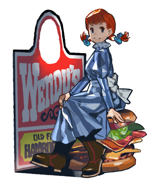 apron blue_eyes dress food hamburger mascot product_placement red_hair sarmat sign sitting smile solo wendy's wendy_(wendy's)