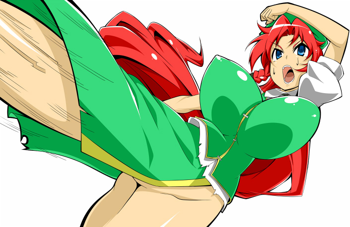 blue_eyes braid breasts chinese_clothes hong_meiling huge_breasts impossible_clothes kicking long_hair no_panties red_hair solo speed_lines sweat toudori touhou