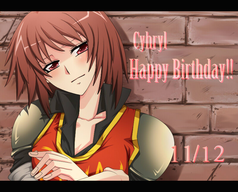 arc_the_lad arc_the_lad_iii blush cheryl_(arc_the_lad) crossed_arms female happy_birthday jojuen red_eyes red_hair short_hair shoulder_pads solo
