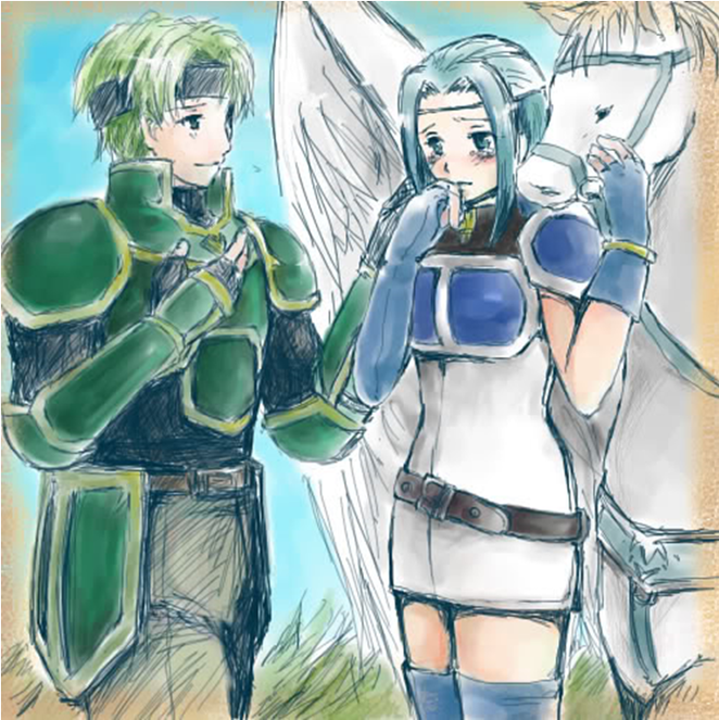 1boy 1girl aqua_eyes aqua_hair armor belt black_eyes blue_eyes boots brown_eyes couple cry crying fiora fiora_(fire_emblem) fire_emblem fire_emblem:_rekka_no_ken fire_emblem_blazing_sword formal gloves green_hair hand_on_shoulder headband knight long_hair lowleg pants pegasus pegasus_knight sad sain sain_(fire_emblem) short_hair tears thigh_boots thighhighs wings