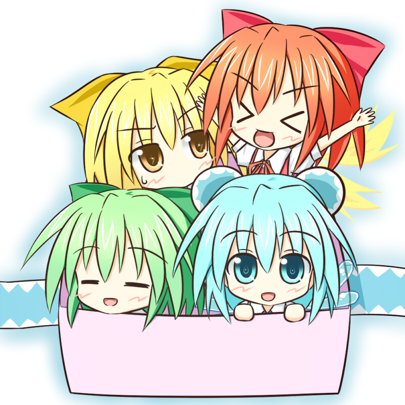 &gt;_&lt; :d =_= achi_cirno alternate_color alternate_element alternate_hair_color alternate_wings bad_id bad_pixiv_id blonde_hair blue_hair blush bow box chibi cirno closed_eyes dress electricity fairy fire green_hair hair_bow hair_ornament hapa_cirno ikazu_cirno in_box in_container leaf mizu_cirno multiple_girls no_mouth open_mouth red_dress red_hair short_hair smile sweatdrop touhou water wings xd yashiro_yashiro