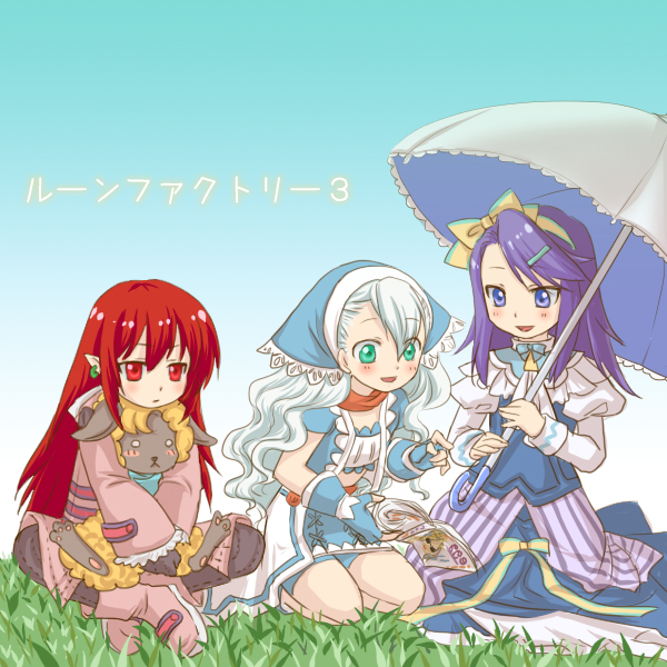 animal aqua_eyes arms_up blue_eyes blush blush_stickers bow bowtie dress earrings fingerless_gloves gloves hair_ornament hair_ribbon hairclip happy head_scarf indian_style jewelry karin_(rune_factory) leaning leaning_forward long_hair magazine mice_(rune_factory) mishiyomi_kazumi multiple_girls pants parasol pointy_ears purple_eyes purple_hair red_eyes red_hair ribbon rune_factory rune_factory_3 scarf seiza silver_hair sitting skirt sofia_jalapeno_viviage text_focus toona umbrella