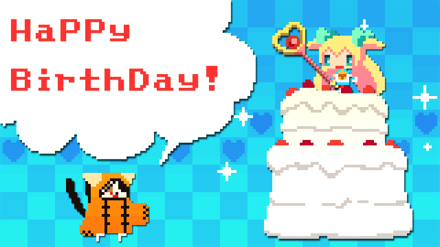 1girl animated animated_gif blazblue cake food happy_birthday jubei_(blazblue) jumping muchourin pixel_art platinum_the_trinity quad_tails two_side_up