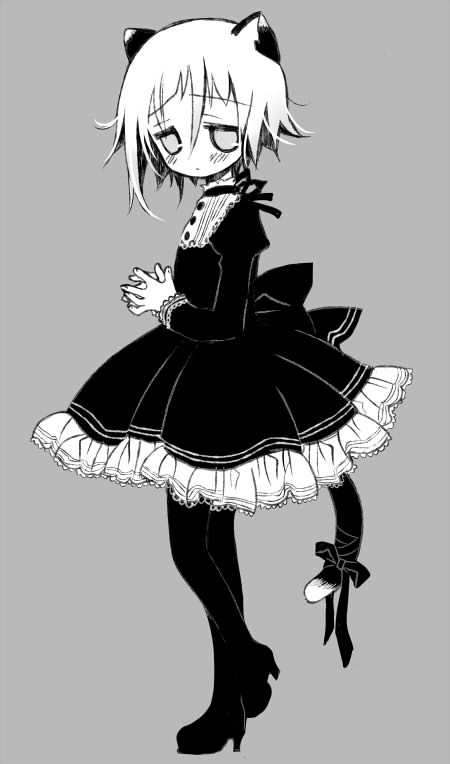 androgynous animal_ears black_dress blush cat_ears cat_tail crona_(soul_eater) cute dress gender_in_question? gothic_lolita grey_background hair_between_eyes high_heels izumi_sakurazawa lolita_fashion makenshi_chrona monochrome ribbon sakurazawa_izumi shoes short_hair shy simple_background soul_eater tail thigh_high thighhighs