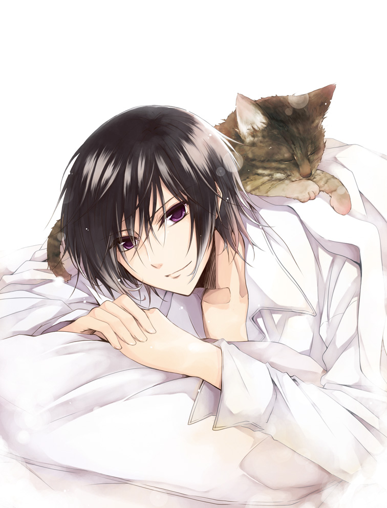 bad_id bad_pixiv_id black_hair cat cat_on_person code_geass dress_shirt hands_together lelouch_lamperouge light_smile looking_at_viewer male_focus own_hands_together pillow purple_eyes sasahara_rena shirt sleeping solo