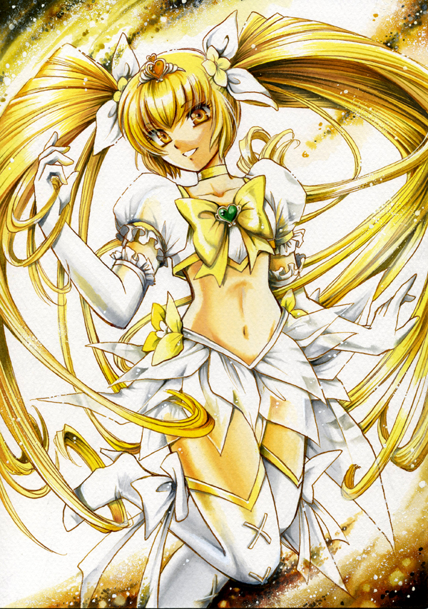 blonde_hair boots bow choker cure_sunshine elbow_gloves gloves hair_ribbon heart heartcatch_precure! long_hair magical_girl midriff myoudouin_itsuki myu-kimera navel precure ribbon skirt solo super_silhouette_(heartcatch_precure!) thighhighs traditional_media twintails yellow yellow_bow yellow_choker yellow_eyes