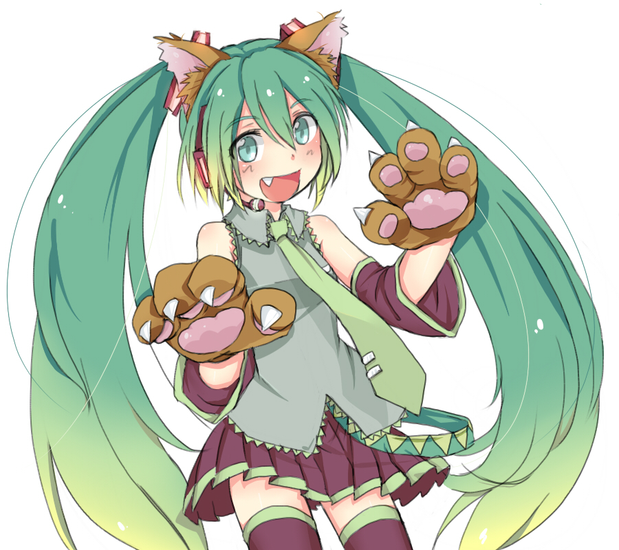 animal_costume animal_ears cat_ears cat_paws detached_sleeves fang gloves gradient_hair green_eyes green_hair hatsune_miku headset long_hair multicolored_hair nana_(from_sky) necktie open_mouth paw_gloves paws simple_background skirt solo thighhighs twintails very_long_hair vocaloid