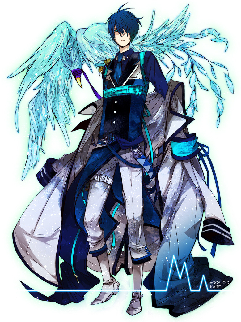 alternate_costume bird blue_eyes blue_hair coat hair_over_one_eye kaito m_(okomelody) male_focus simple_background solo standing vocaloid