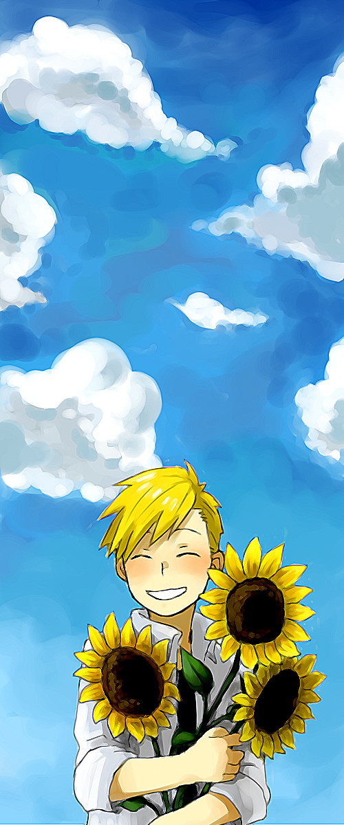 alphonse_elric bad_id bad_pixiv_id blonde_hair blush cloud day flower fullmetal_alchemist highres male_focus nyo_(couch_tomato) sky smile solo sunflower