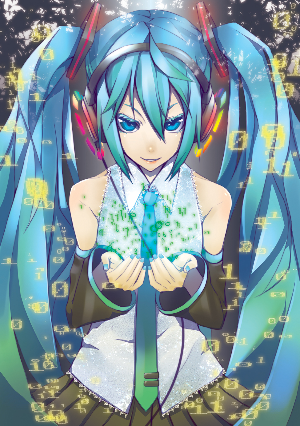 binary blue_eyes blue_hair detached_sleeves hatsune_miku headphones highres long_hair necktie shiro_(nitto) smile solo twintails very_long_hair vocaloid