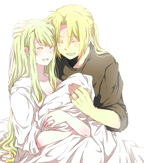 1girl baby bad_id bad_pixiv_id blanket blonde_hair closed_eyes couple edward_elric fullmetal_alchemist hand_on_another's_head happy hetero holding jewelry long_hair mitsu_yomogi open_mouth ponytail ring simple_background sleeves_rolled_up smile tears winry_rockbell