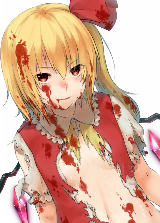 blonde_hair blood blood_on_face face flandre_scarlet flat_chest hair_ribbon navel no_hat no_headwear red_eyes ribbon side_ponytail simple_background smile solo sugimeno torn_clothes touhou wings