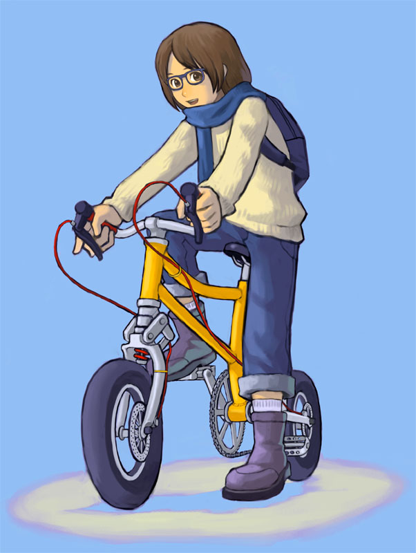 backpack bag bicycle blue_background blue_scarf boots brown_eyes brown_hair denim g_ryouta glasses ground_vehicle jeans open_mouth original pants scarf short_hair simple_background smile solo sweater