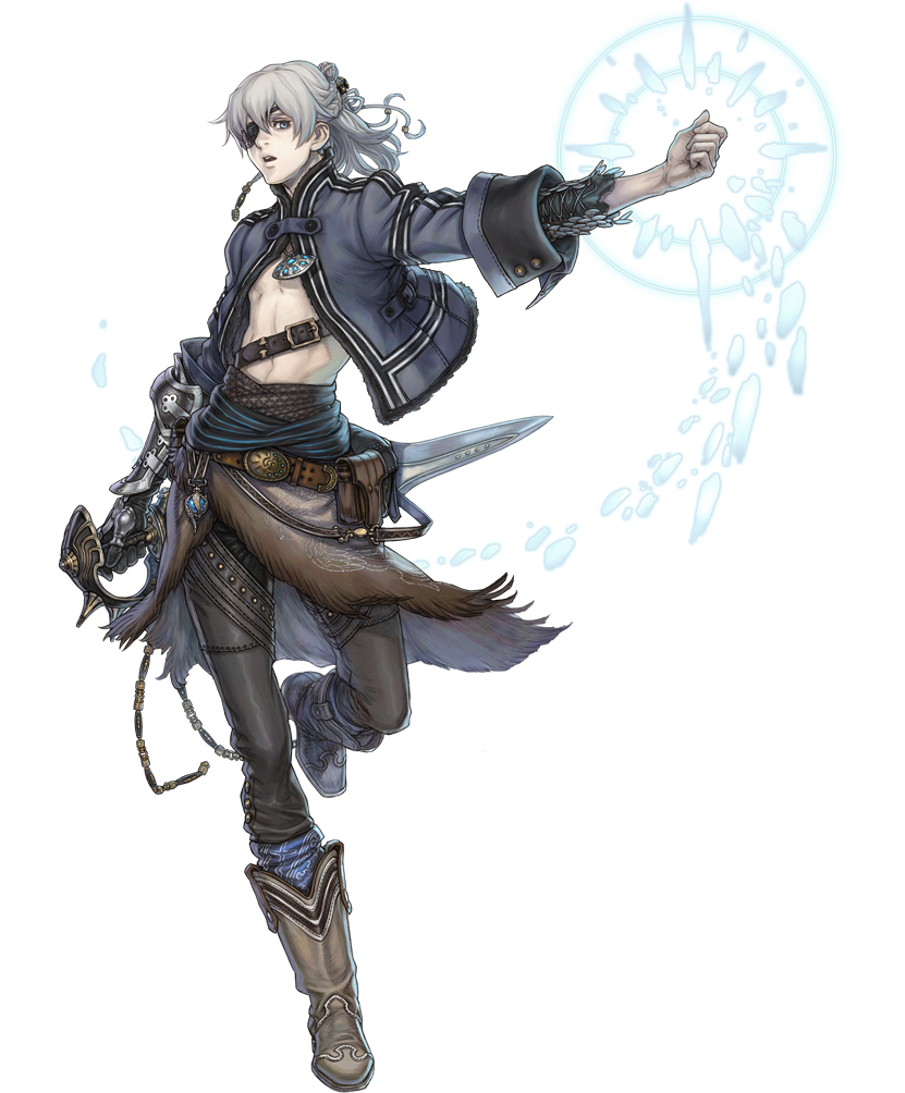 :o abs androgynous armor bangs beads belt belt_buckle belt_pouch blue_eyes boots braid buckle chest clenched_hand eyepatch fighting_stance fujisaka_kimihiko full_body fur_trim gauntlets hair_between_eyes hair_ornament half_updo ice jewelry leg_lift long_hair looking_at_viewer male_focus midriff navel necklace official_art open_clothes open_mouth open_shirt outstretched_arm pants pendant ponytail pose pouch shirt side_braid silver_hair sleeves_folded_up solo standing standing_on_one_leg steampunk strap sword the_last_story transparent_background turtleneck weapon wide_sleeves yuris_(the_last_story)
