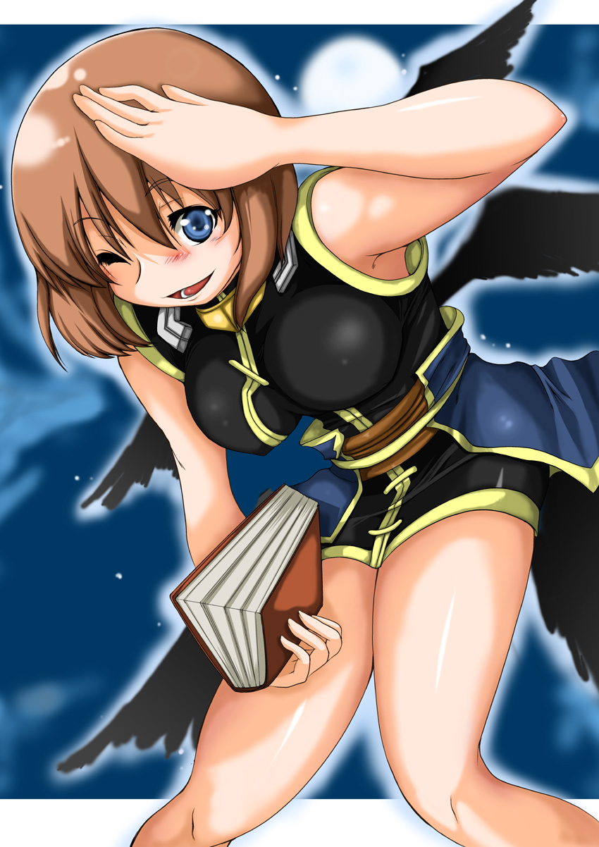 armpits blue_eyes book breasts brown_hair dress highres large_breasts legs lyrical_nanoha mahou_shoujo_lyrical_nanoha mahou_shoujo_lyrical_nanoha_a's mahou_shoujo_lyrical_nanoha_strikers moon one_eye_closed short_dress short_hair solo wings yagami_hayate