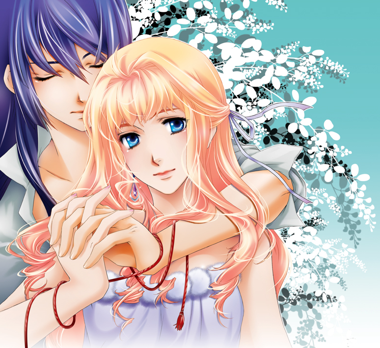 1girl blonde_hair closed_eyes couple flower gradient gradient_background hetero hiiragi_yuki_(escape_club) holding_hands hug hug_from_behind jewelry long_hair macross macross_frontier outline purple_hair red_string saotome_alto sheryl_nome single_earring sleeves_rolled_up string