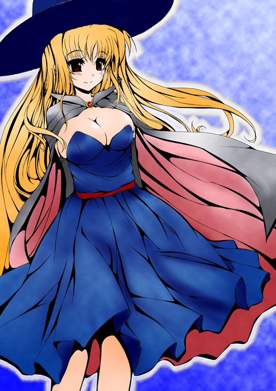 blonde_hair blush breasts cape cleavage colorized cosplay dragon_quest dragon_quest_iii dress fate_testarossa frapowa hat large_breasts long_hair lyrical_nanoha mage_(dq3) mage_(dq3)_(cosplay) mahou_shoujo_lyrical_nanoha_strikers red_eyes smile solo witch_hat