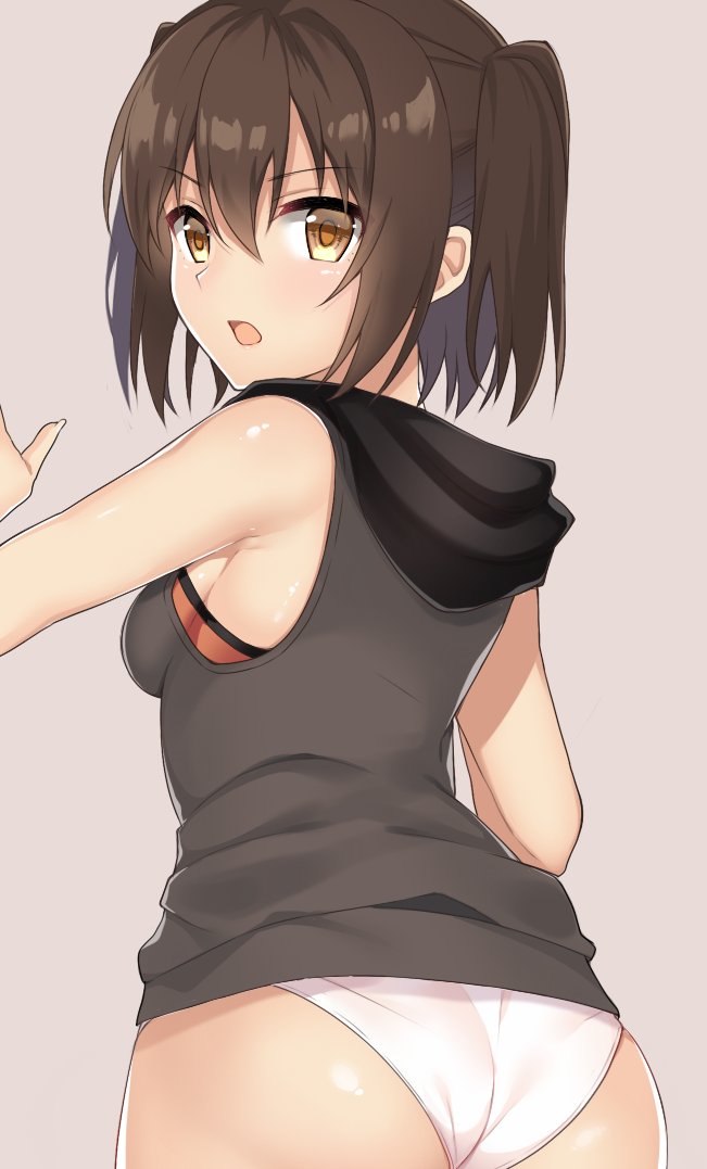 :o armpit_crease ass back bare_shoulders breasts brown_eyes brown_hair cowboy_shot from_behind grey_background hand_up hood hood_down hooded_sweater hoodie kantai_collection looking_at_viewer looking_back no_pants open_mouth panties sendai_(kantai_collection) short_hair simple_background small_breasts solo sweater sweater_vest two_side_up underwear v-shaped_eyebrows white_panties yuzuttan