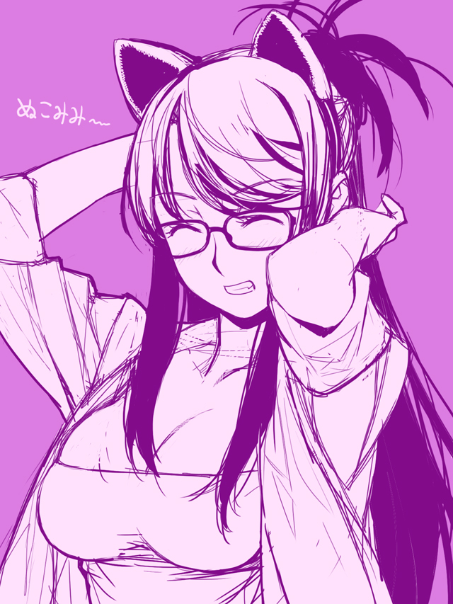 animal_ears black_hair blush breasts cat_ears cleavage closed_eyes glasses ino kisaragi_rei large_breasts monochrome otome_function simple_background sketch solo
