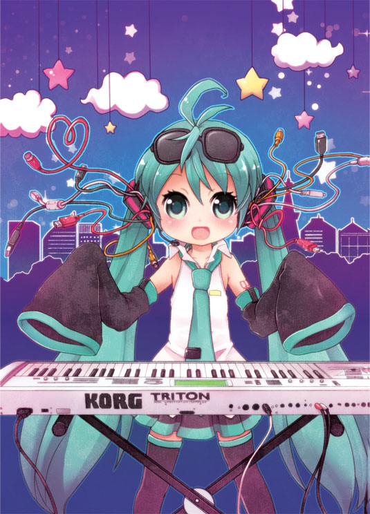 :d ahoge aqua_eyes aqua_hair cable cityscape cloud detached_sleeves eyewear_on_head hatsune_miku headset instrument keyboard_(instrument) korg_triton long_hair necktie open_mouth shinryou_rei skirt sleeves_past_wrists smile solo star sunglasses thighhighs twintails usb very_long_hair vocaloid zettai_ryouiki