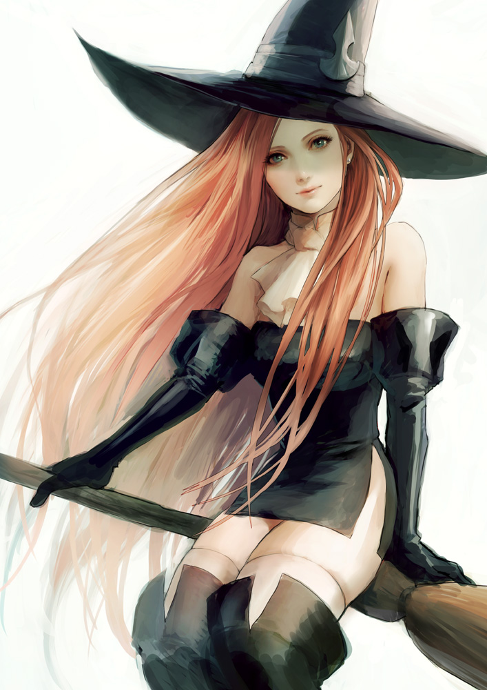 bad_id bad_pixiv_id bare_shoulders broom broom_riding elbow_gloves face gloves green_eyes hat lips long_hair red_hair side_slit sidesaddle simple_background solo tactics_ogre thighhighs ueda_toraji very_long_hair white_background witch witch_(tactics_ogre) witch_hat zettai_ryouiki
