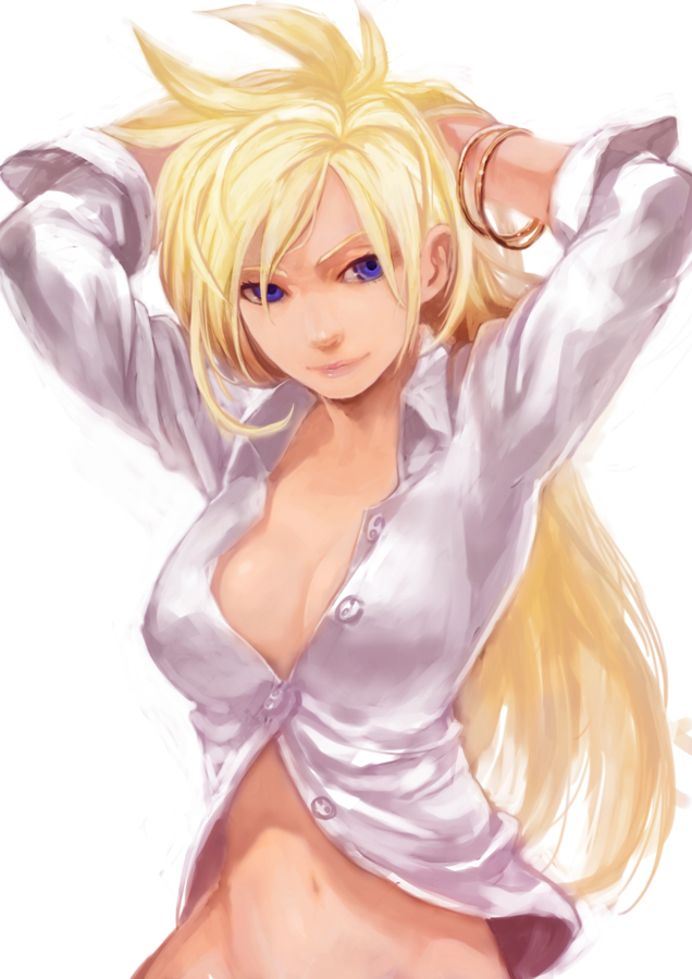 arms_behind_head arms_up blonde_hair blue_eyes bottomless bracelet breasts cleavage jewelry lack lips long_hair medium_breasts navel panty_&amp;_stocking_with_garterbelt panty_(psg) shirt simple_background smile solo unbuttoned