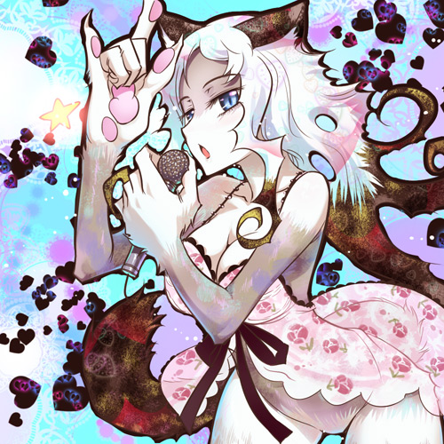 \m/ animal_ears babydoll black_hair blue_eyes bottomless breasts cat_ears claws cleavage furry gradient_hair koume_keito lowres mao_(shiei_no_sona-nyl) medium_breasts microphone multicolored_hair polydactyly seikan_hikou shiei_no_sona-nyl solo steampunk_(liarsoft) tail two-tone_hair white_hair