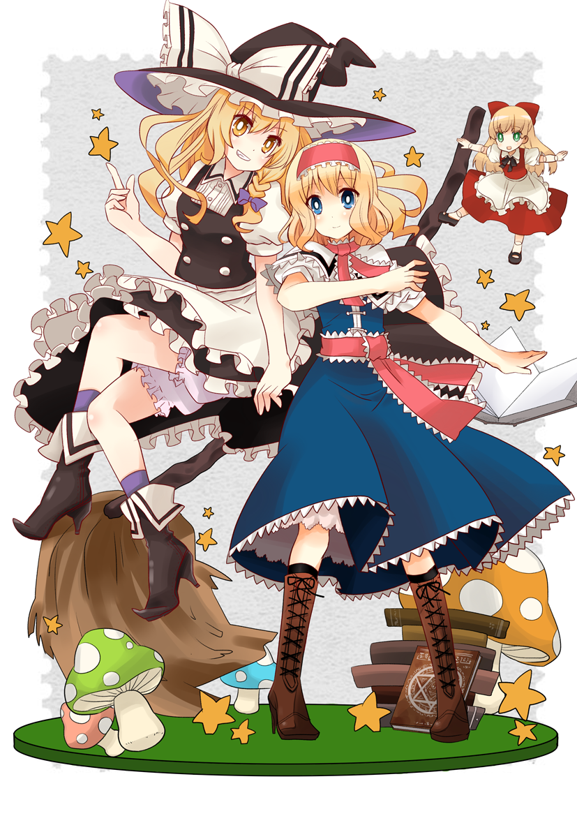 alice_margatroid bad_id bad_pixiv_id blonde_hair bloomers blue_eyes book boots bow braid broom cross-laced_footwear crossed_legs doll doll_joints green_eyes grin hair_bow hairband hat high_heels hourai_doll izumi_minami kirisame_marisa knee_boots lace-up_boots looking_at_viewer multiple_girls mushroom pointing shoes short_hair single_braid sitting smile star touhou underwear witch_hat yellow_eyes