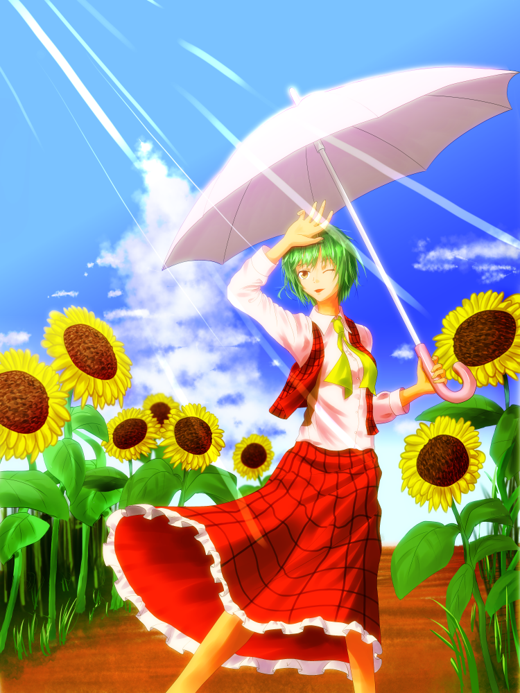 flower green_hair kazami_yuuka parasol red_eyes retishia solo sunflower touhou umbrella