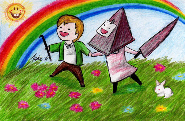 awesome_face blonde_hair bunny dual_persona epic flashlight flower grass happy helmet jacket knife lead_pipe male_focus multiple_boys non-web_source pyramid_head rainbow silent_hill_2 skipping star sun surreal yaoi