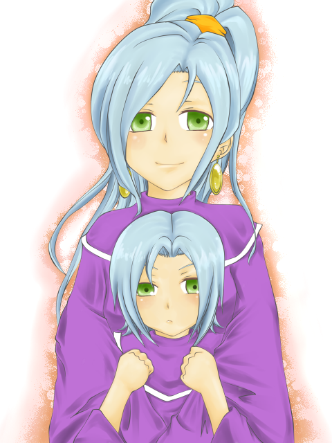1boy 1girl blue_hair boy brother_and_sister chrono_(series) chrono_trigger earrings female fine_(pixiv1294462) green_eyes janus_zeal jewelry long_hair male ponytail robe schala_zeal siblings
