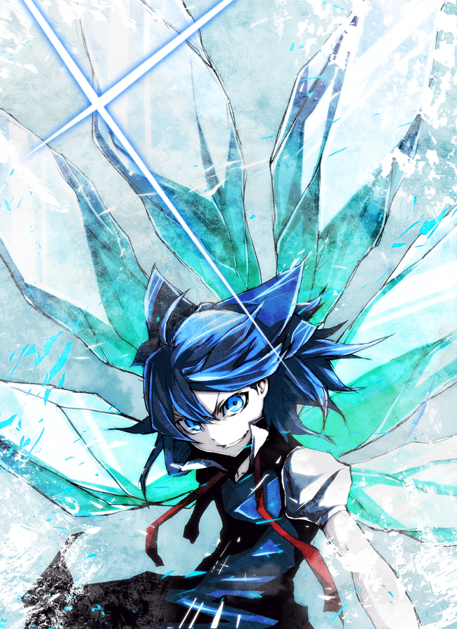 bad_id bad_pixiv_id banned_artist blue_eyes blue_hair bow cirno evil_grin evil_smile glint grin hair_bow ice s_tanly smile solo touhou wings