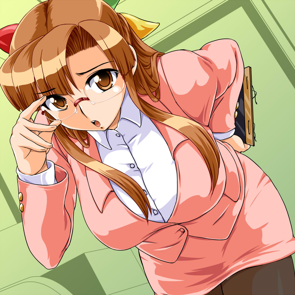 95-tan adjusting_eyewear bespectacled breasts brown_eyes brown_hair business_suit formal from_above glasses huge_breasts jacket leaning_forward miniskirt os-tan pantyhose pencil_skirt skirt skirt_suit solo suit toushi_ryoku