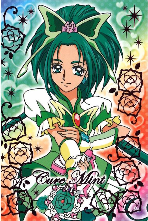 akimoto_komachi cure_mint dress foil_(fencing) green_eyes green_hair hair_ornament long_hair magical_girl official_art precure solo sword weapon yes!_precure_5