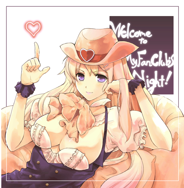 blonde_hair bow breasts cleavage cowboy_hat hair_ornament hairclip hand_on_own_face hat heart hirokawa_tomo large_breasts long_hair macross macross_frontier md5_mismatch pointing purple_eyes sheryl_nome sitting smile solo western wrist_cuffs