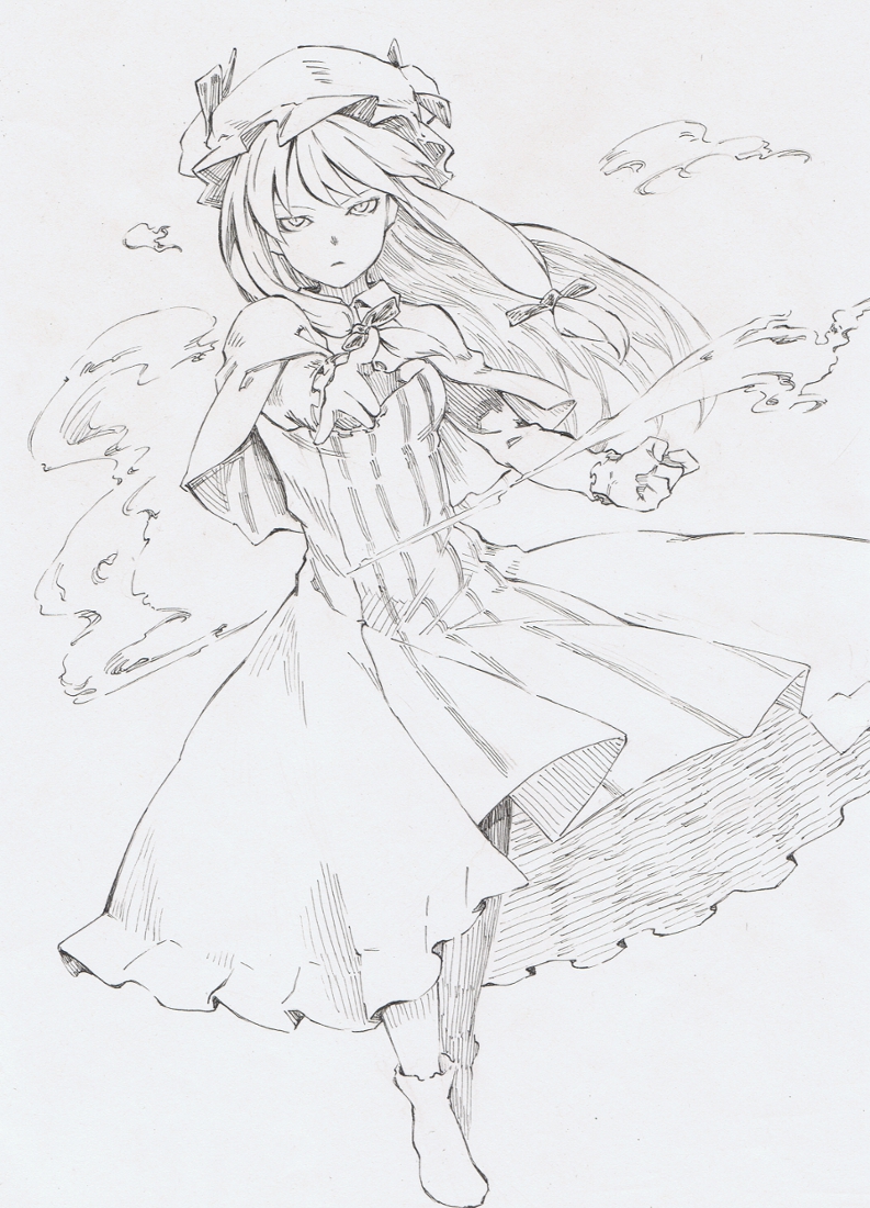 \m/ bad_id bad_pixiv_id capelet foreshortening glaring greyscale hands hat long_hair millipen_(medium) monochrome patchouli_knowledge solo standing takeuma touhou traditional_media