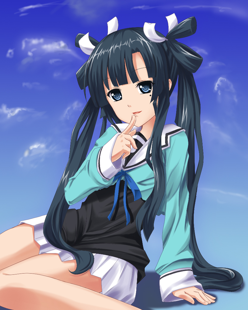 black_hair blue_eyes colorized hoshino_sora long_hair mole ookami-san ponishi. ryuuguu_otohime solo twintails