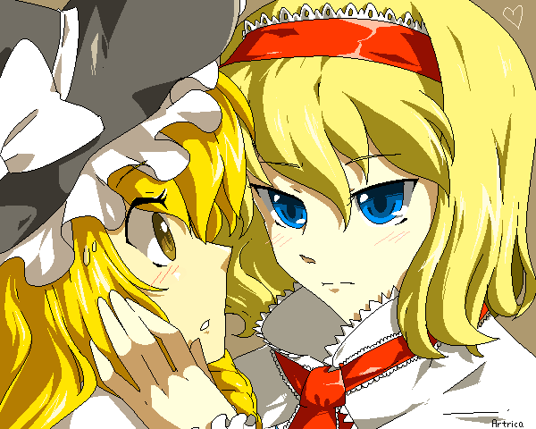 alice_margatroid artrica blonde_hair blue_eyes brown_eyes eye_contact face hairband hand_on_another's_face hat heart kirisame_marisa looking_at_another multiple_girls oekaki sweatdrop touhou tsurime witch_hat