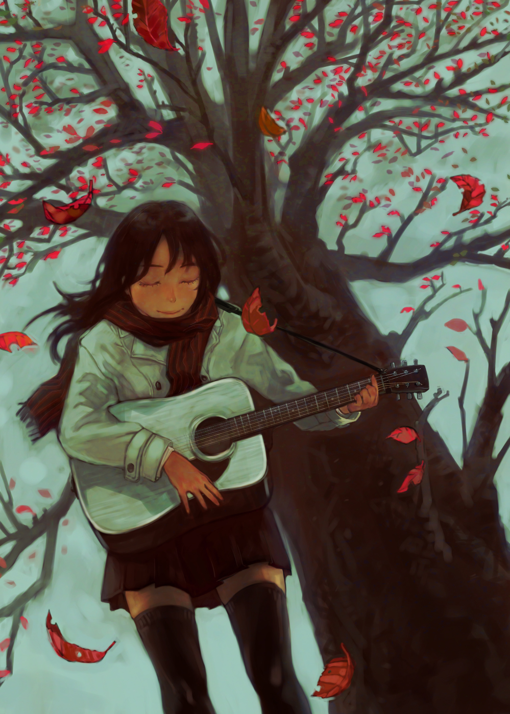 acoustic_guitar autumn bad_id bad_pixiv_id guitar highres instrument leaf nimirom original solo standing thighhighs tree